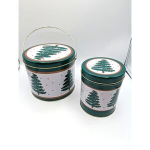 2 Furio Inspired Pattern Christmas Tree Tins 4.5" / 5.5" Buckets Deck the Halls